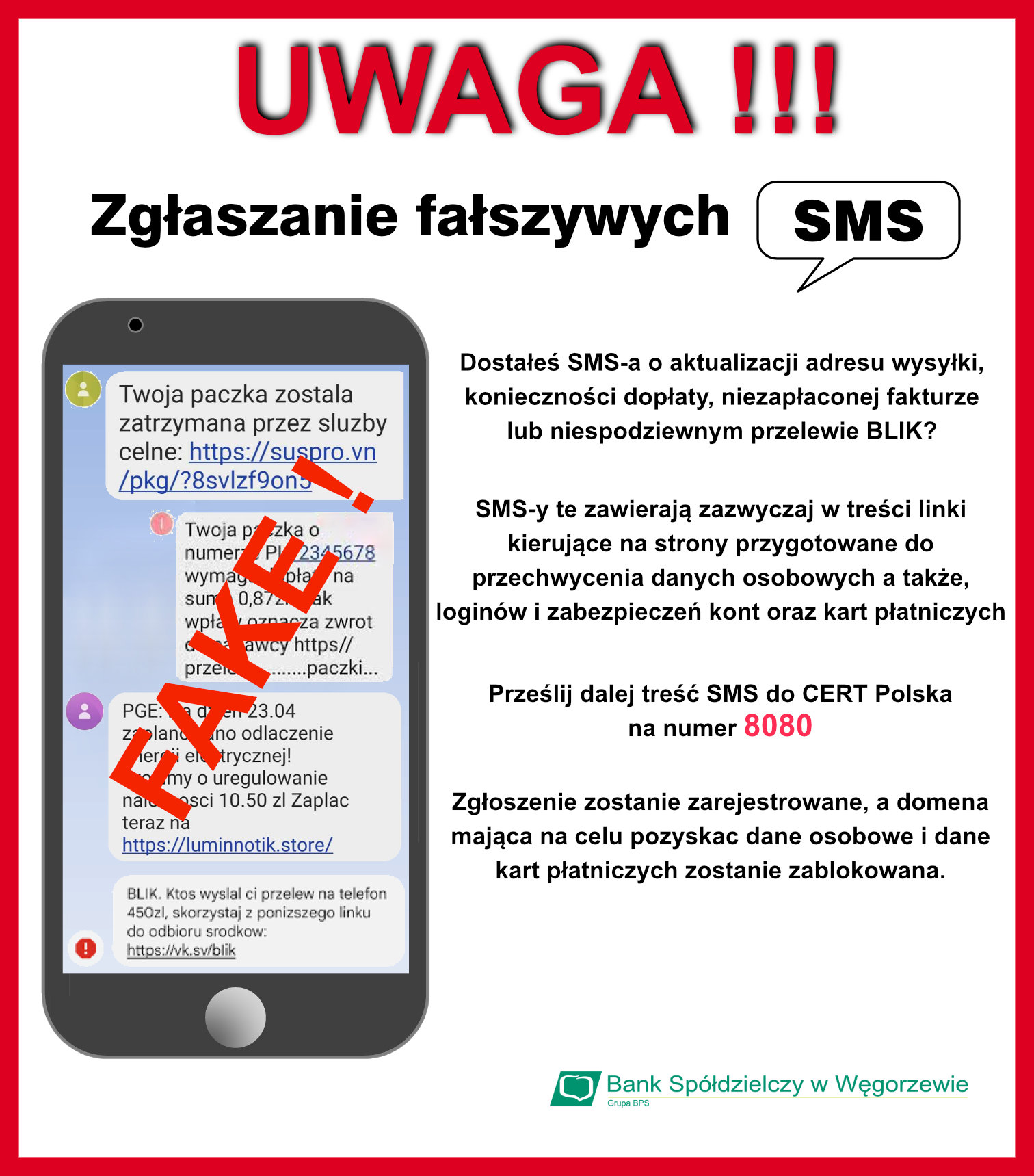 Obrazek uwaga zgłaszanie fałszywych smsów